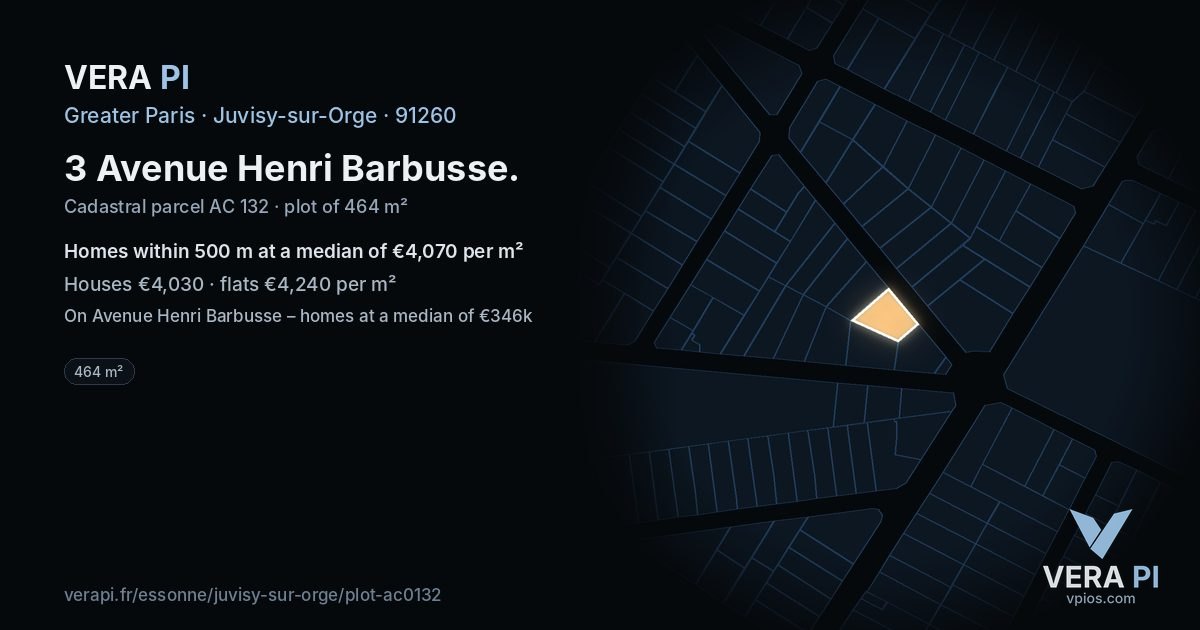 3 Avenue Henri Barbusse, Juvisy-sur-Orge at night – the plot lit, the parcels around coloured by the prices near them