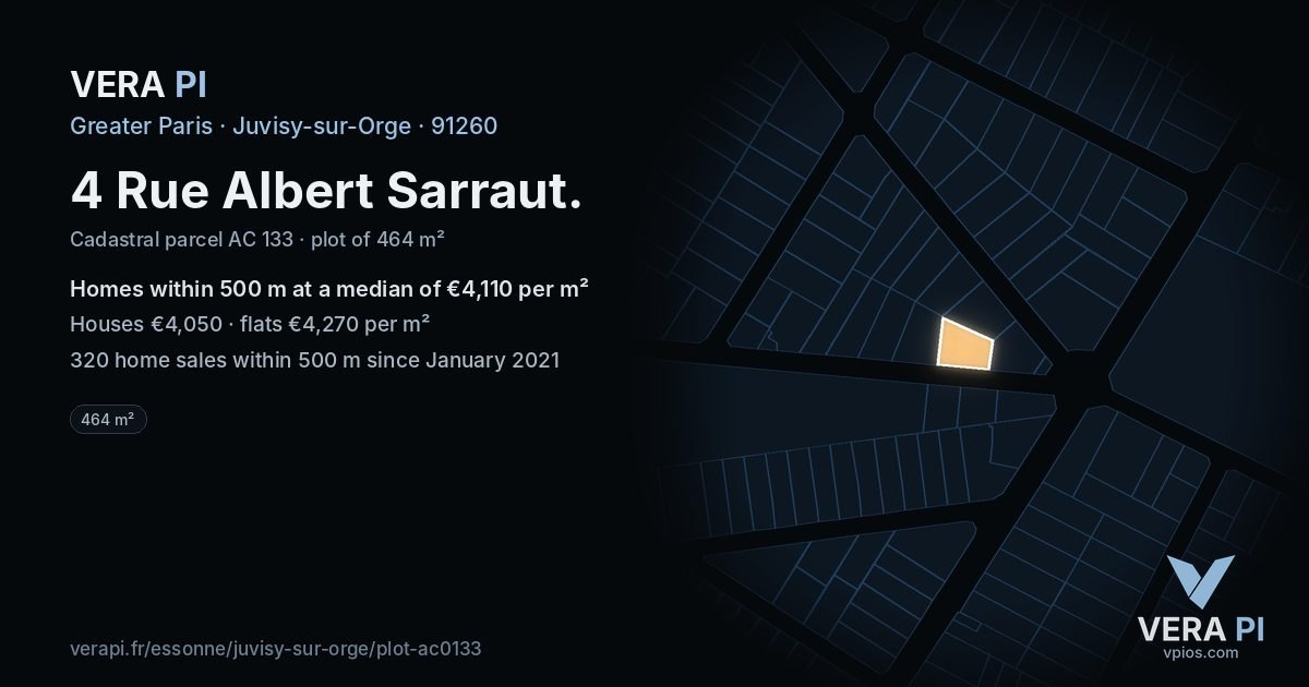 4 Rue Albert Sarraut, Juvisy-sur-Orge at night – the plot lit, the parcels around coloured by the prices near them