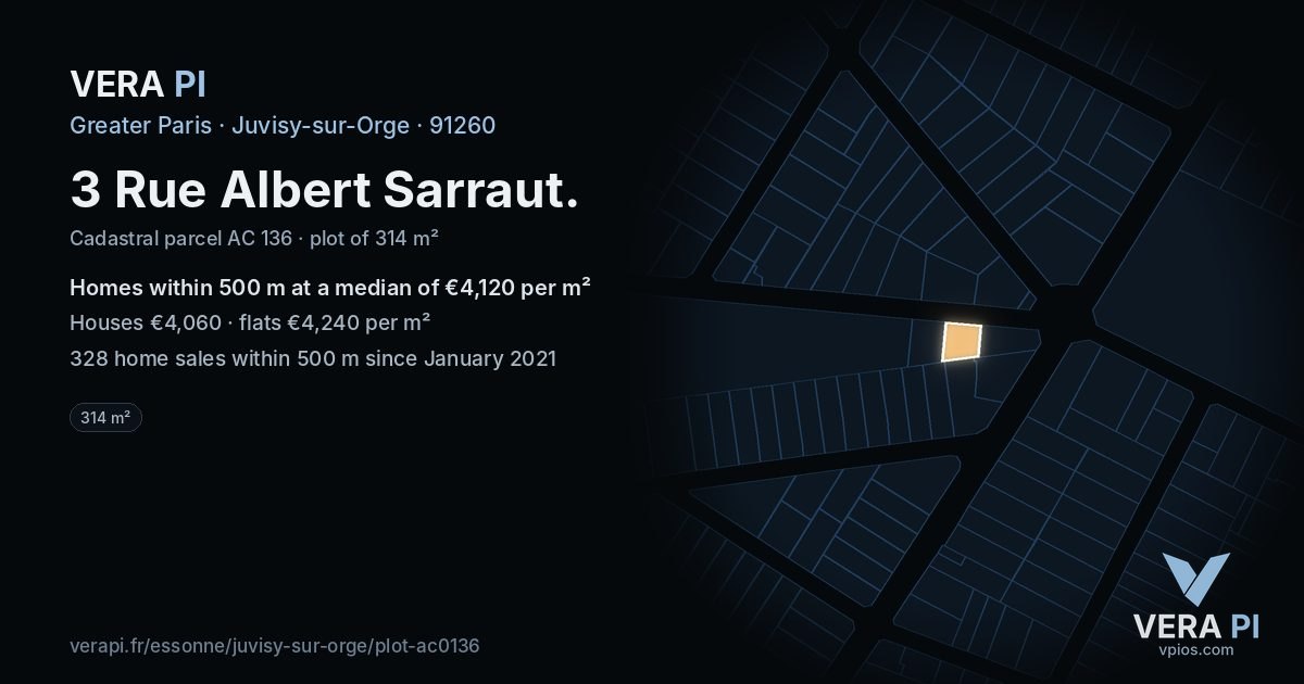 3 Rue Albert Sarraut, Juvisy-sur-Orge at night – the plot lit, the parcels around coloured by the prices near them