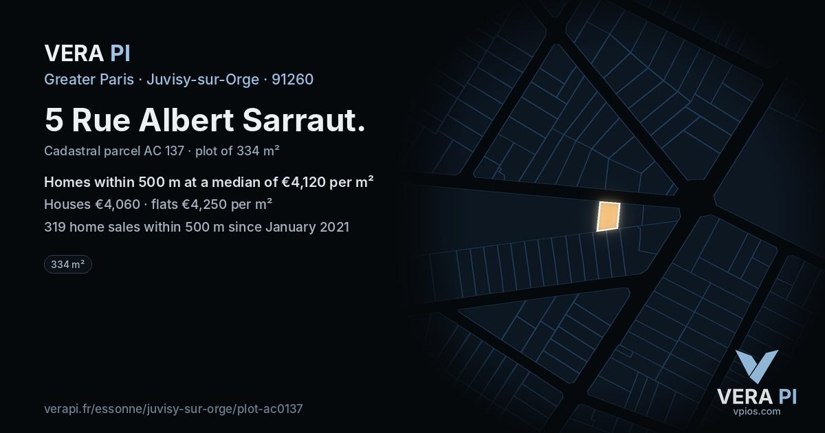 5 Rue Albert Sarraut, Juvisy-sur-Orge at night – the plot lit, the parcels around coloured by the prices near them