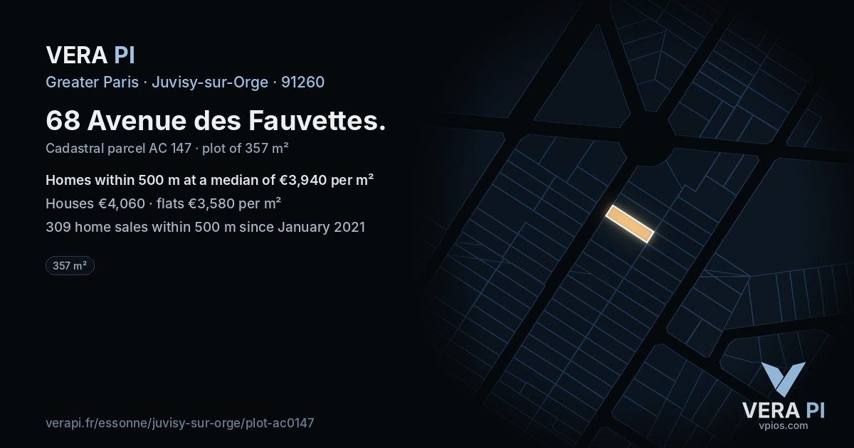 68 Avenue des Fauvettes, Juvisy-sur-Orge at night – the plot lit, the parcels around coloured by the prices near them