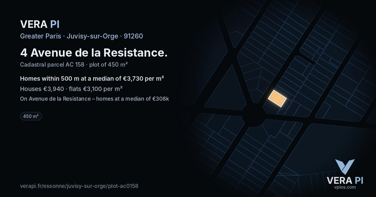 4 Avenue de la Resistance, Juvisy-sur-Orge at night – the plot lit, the parcels around coloured by the prices near them