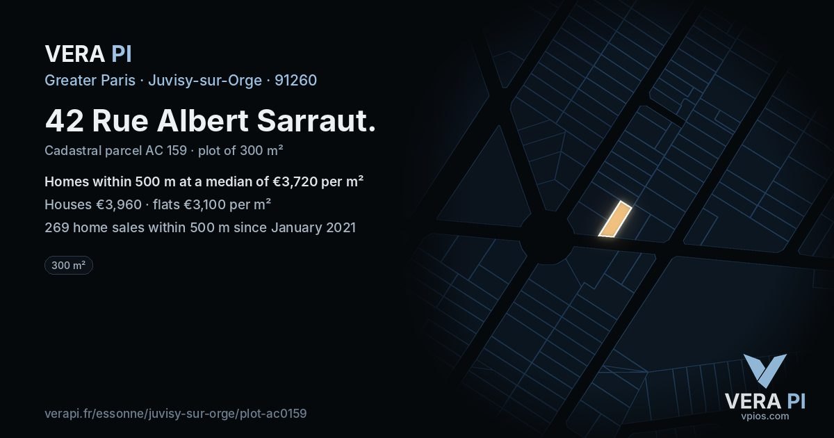 42 Rue Albert Sarraut, Juvisy-sur-Orge at night – the plot lit, the parcels around coloured by the prices near them