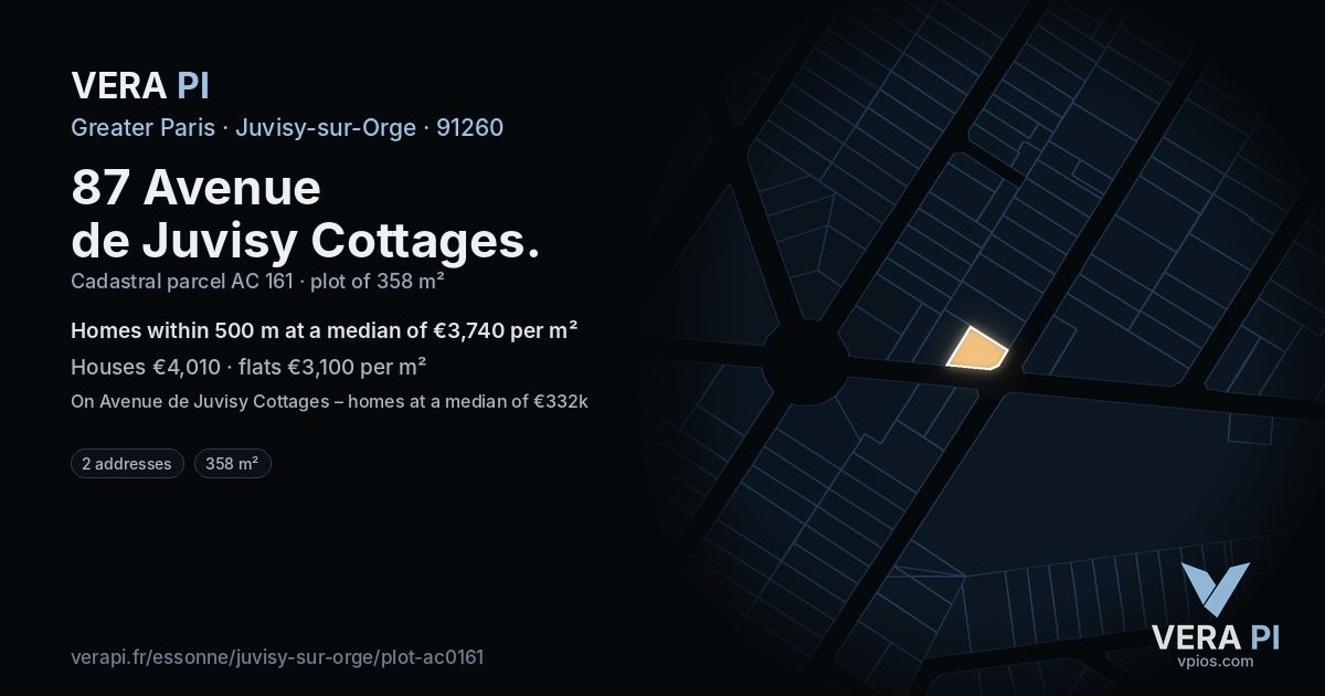 87 Avenue de Juvisy Cottages, Juvisy-sur-Orge at night – the plot lit, the parcels around coloured by the prices near them