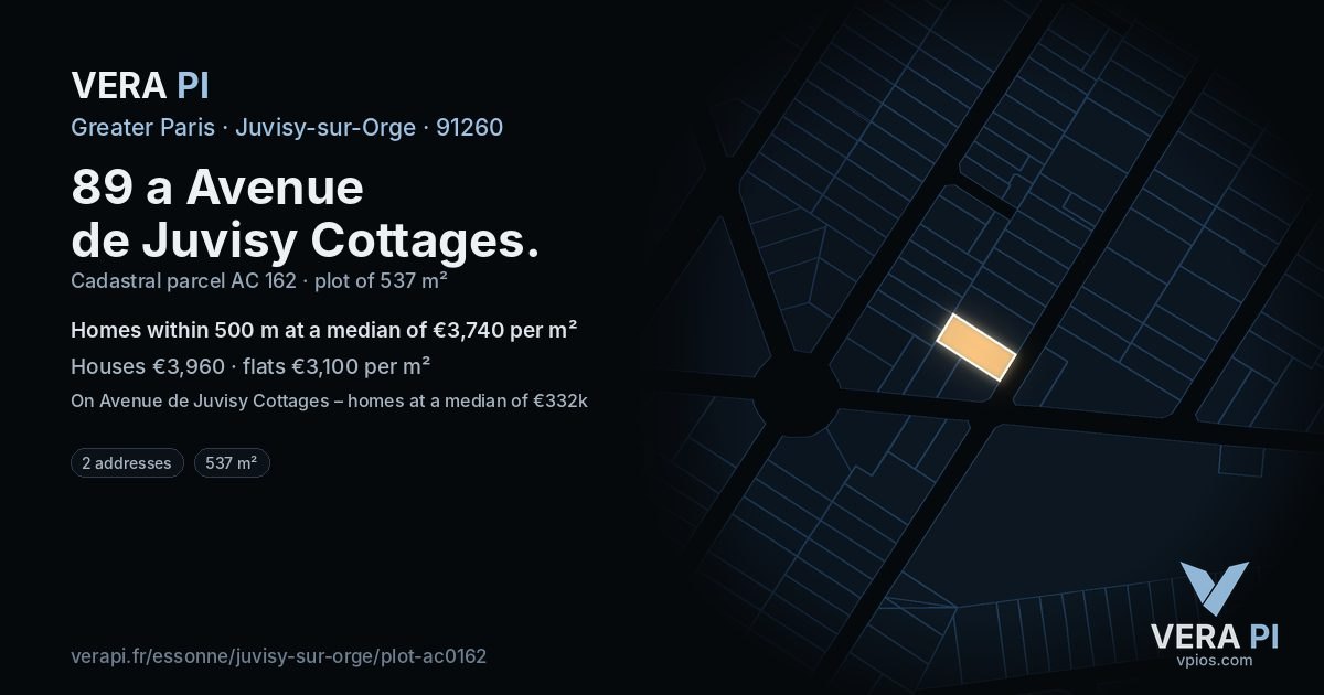 89 a Avenue de Juvisy Cottages, Juvisy-sur-Orge at night – the plot lit, the parcels around coloured by the prices near them