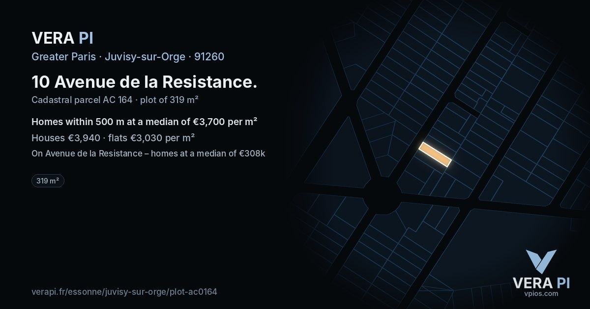 10 Avenue de la Resistance, Juvisy-sur-Orge at night – the plot lit, the parcels around coloured by the prices near them