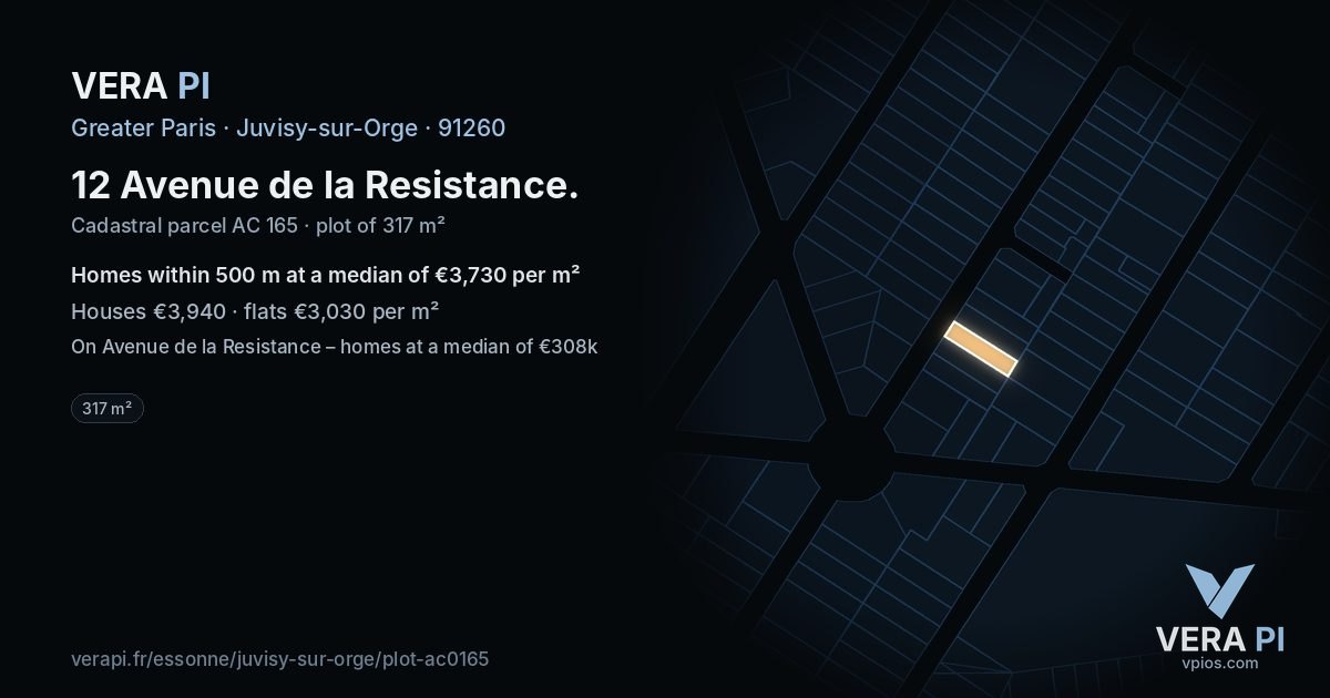 12 Avenue de la Resistance, Juvisy-sur-Orge at night – the plot lit, the parcels around coloured by the prices near them
