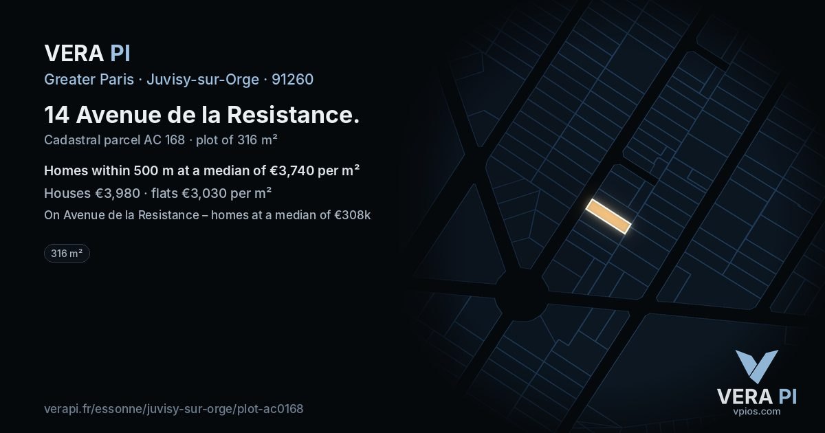 14 Avenue de la Resistance, Juvisy-sur-Orge at night – the plot lit, the parcels around coloured by the prices near them