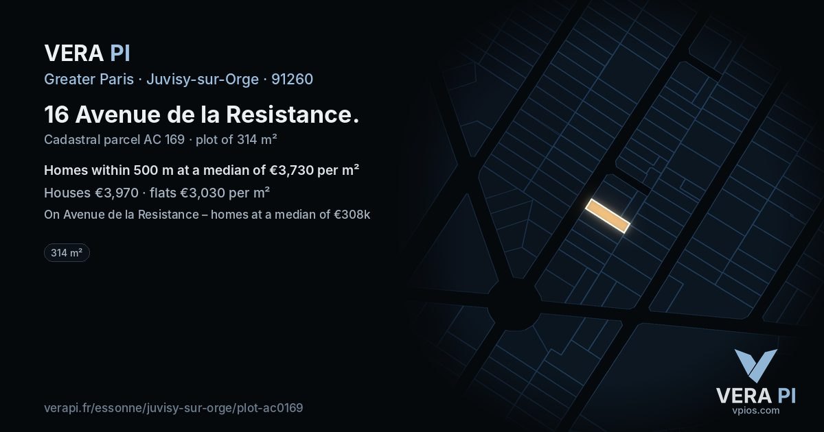 16 Avenue de la Resistance, Juvisy-sur-Orge at night – the plot lit, the parcels around coloured by the prices near them