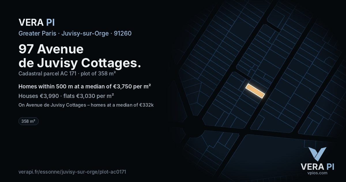 97 Avenue de Juvisy Cottages, Juvisy-sur-Orge at night – the plot lit, the parcels around coloured by the prices near them