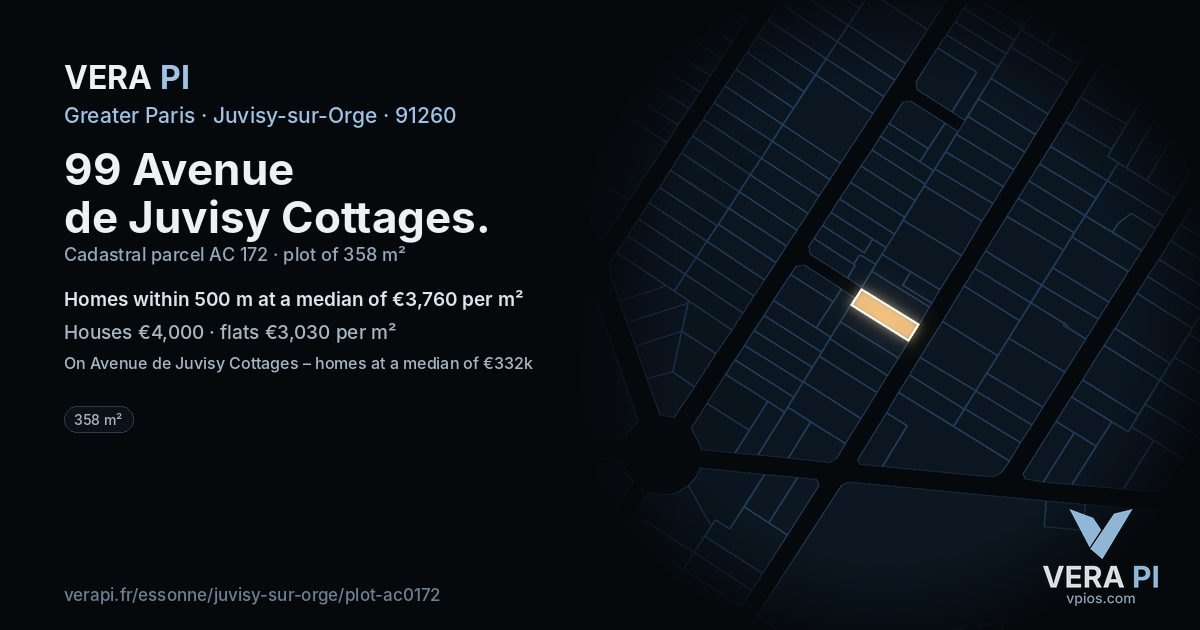99 Avenue de Juvisy Cottages, Juvisy-sur-Orge at night – the plot lit, the parcels around coloured by the prices near them