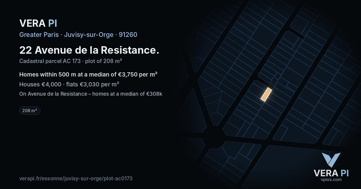 22 Avenue de la Resistance, Juvisy-sur-Orge at night – the plot lit, the parcels around coloured by the prices near them