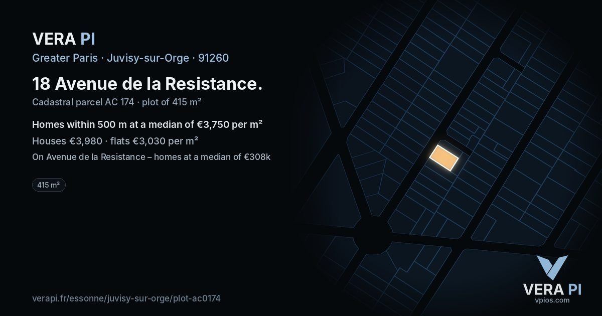 18 Avenue de la Resistance, Juvisy-sur-Orge at night – the plot lit, the parcels around coloured by the prices near them