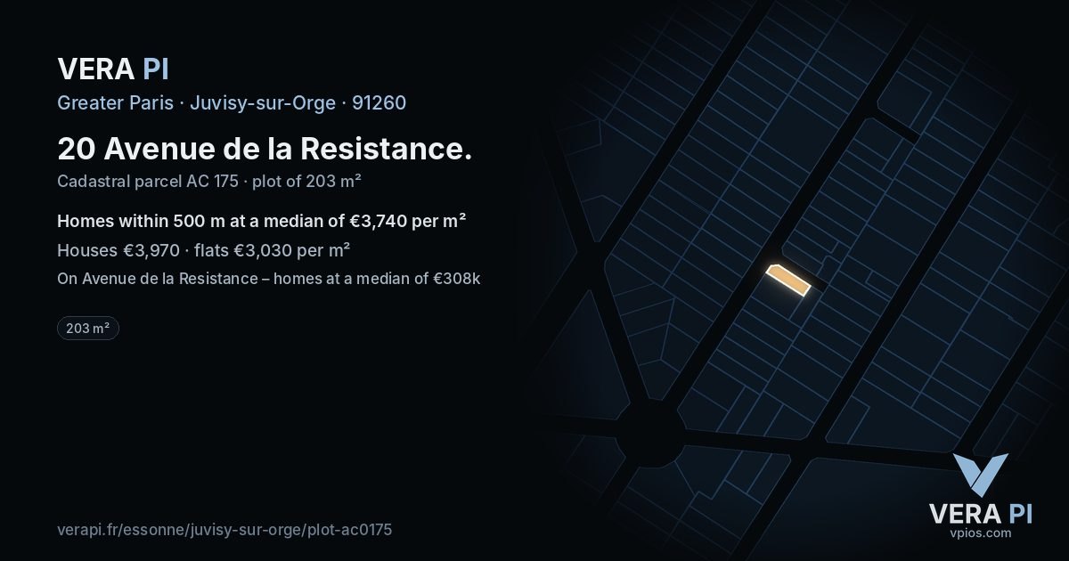 20 Avenue de la Resistance, Juvisy-sur-Orge at night – the plot lit, the parcels around coloured by the prices near them