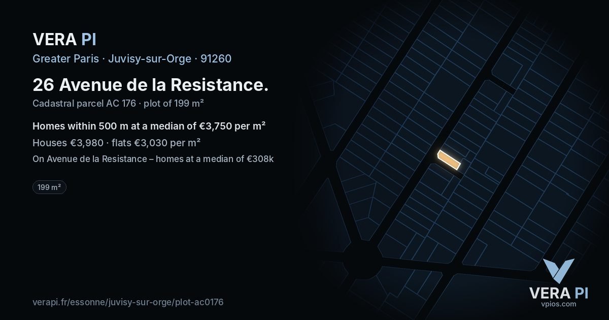 26 Avenue de la Resistance, Juvisy-sur-Orge at night – the plot lit, the parcels around coloured by the prices near them