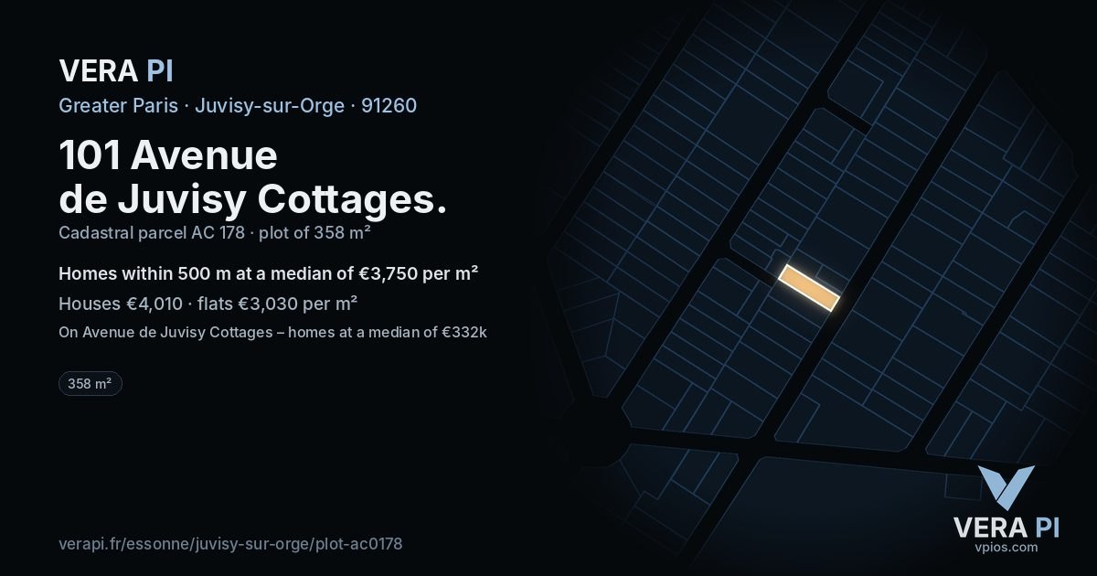 101 Avenue de Juvisy Cottages, Juvisy-sur-Orge at night – the plot lit, the parcels around coloured by the prices near them