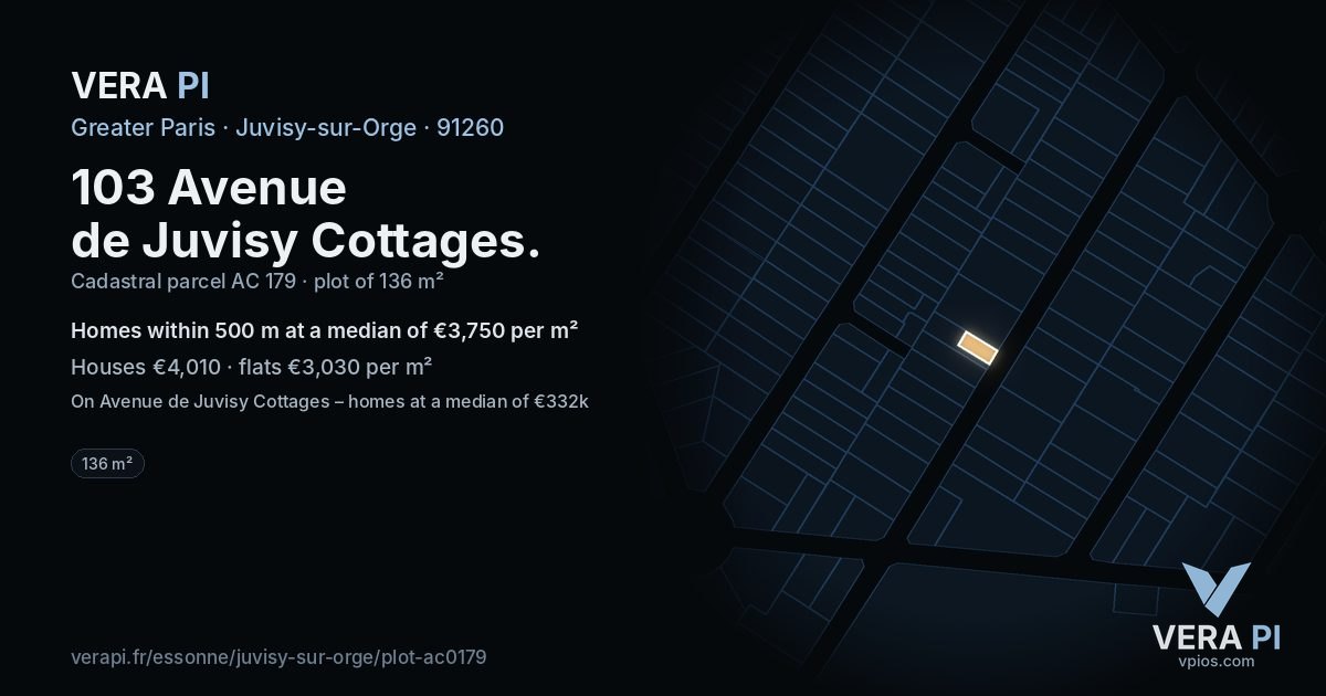 103 Avenue de Juvisy Cottages, Juvisy-sur-Orge at night – the plot lit, the parcels around coloured by the prices near them