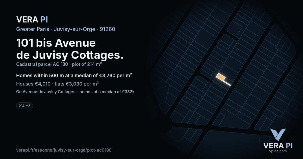 101 bis Avenue de Juvisy Cottages, Juvisy-sur-Orge at night – the plot lit, the parcels around coloured by the prices near them