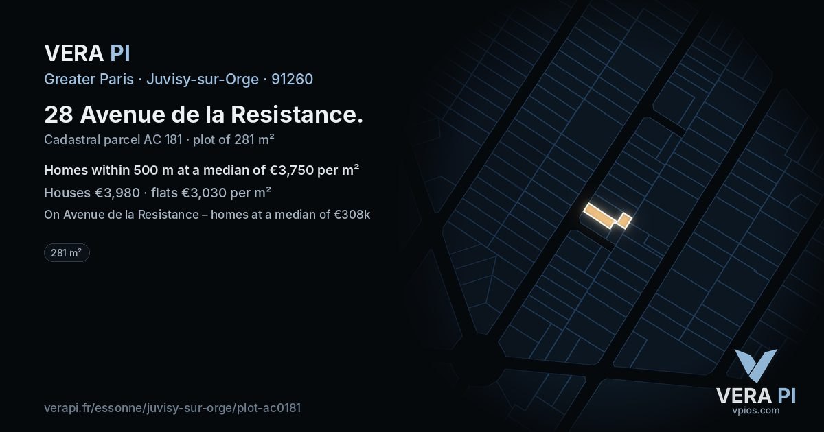 28 Avenue de la Resistance, Juvisy-sur-Orge at night – the plot lit, the parcels around coloured by the prices near them