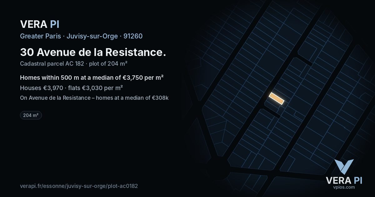 30 Avenue de la Resistance, Juvisy-sur-Orge at night – the plot lit, the parcels around coloured by the prices near them