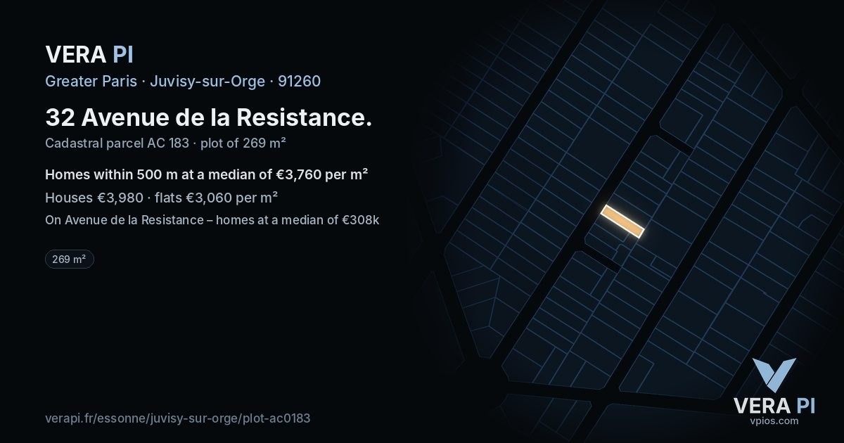 32 Avenue de la Resistance, Juvisy-sur-Orge at night – the plot lit, the parcels around coloured by the prices near them