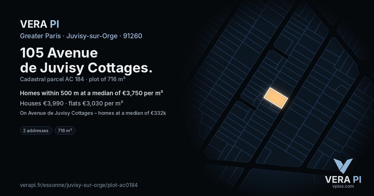 105 Avenue de Juvisy Cottages, Juvisy-sur-Orge at night – the plot lit, the parcels around coloured by the prices near them