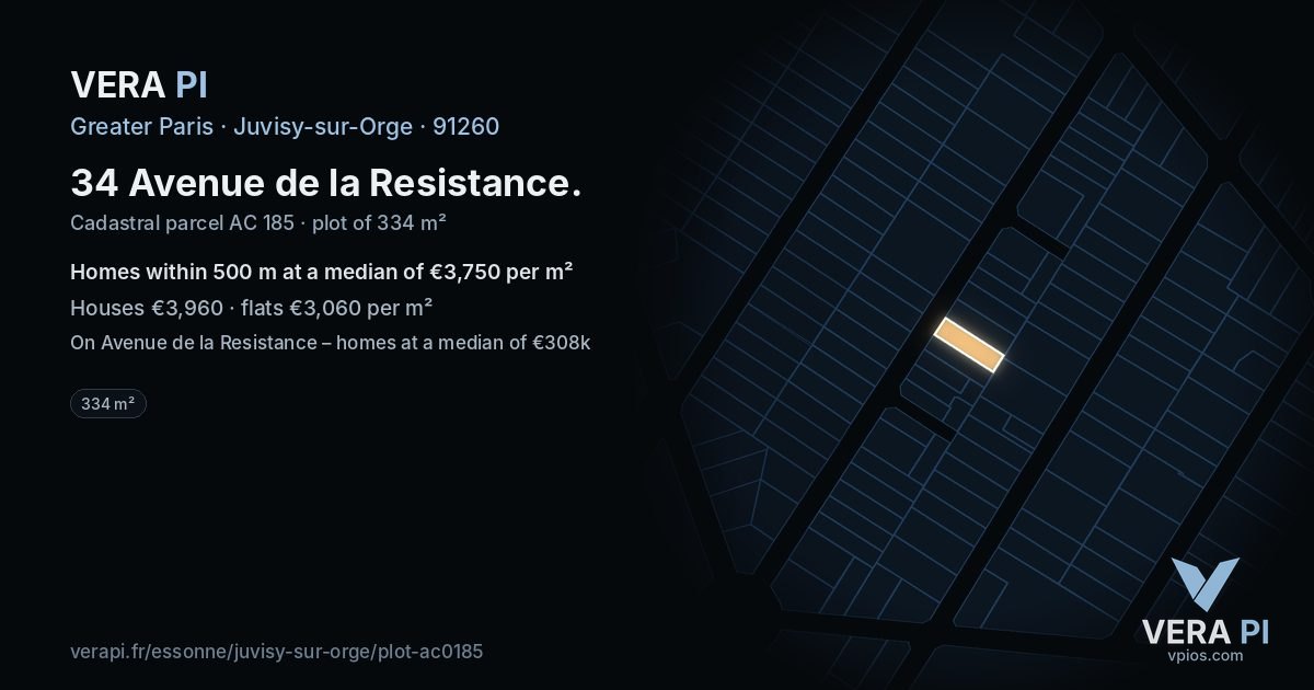34 Avenue de la Resistance, Juvisy-sur-Orge at night – the plot lit, the parcels around coloured by the prices near them