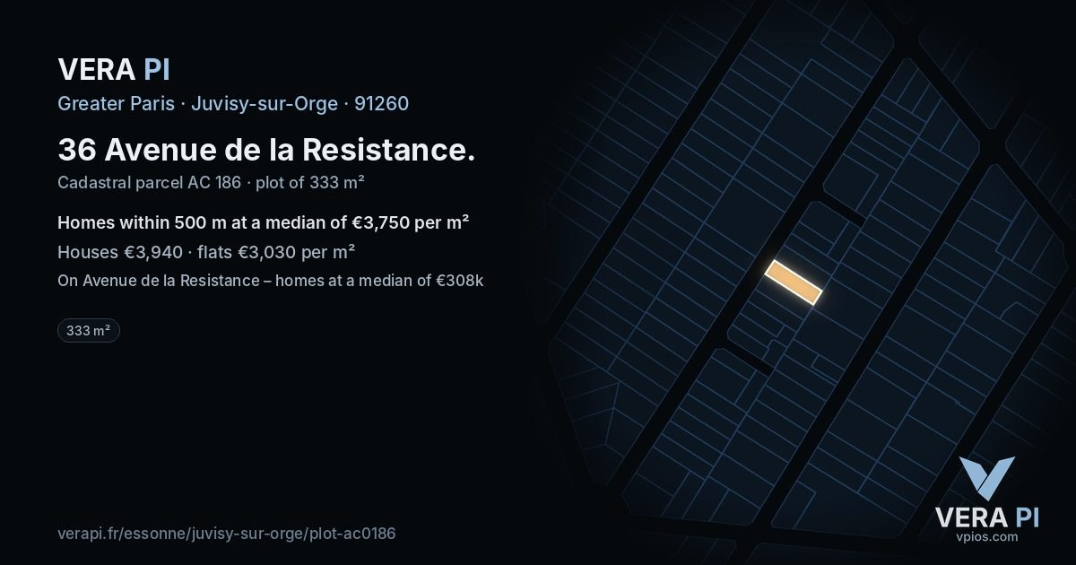 36 Avenue de la Resistance, Juvisy-sur-Orge at night – the plot lit, the parcels around coloured by the prices near them