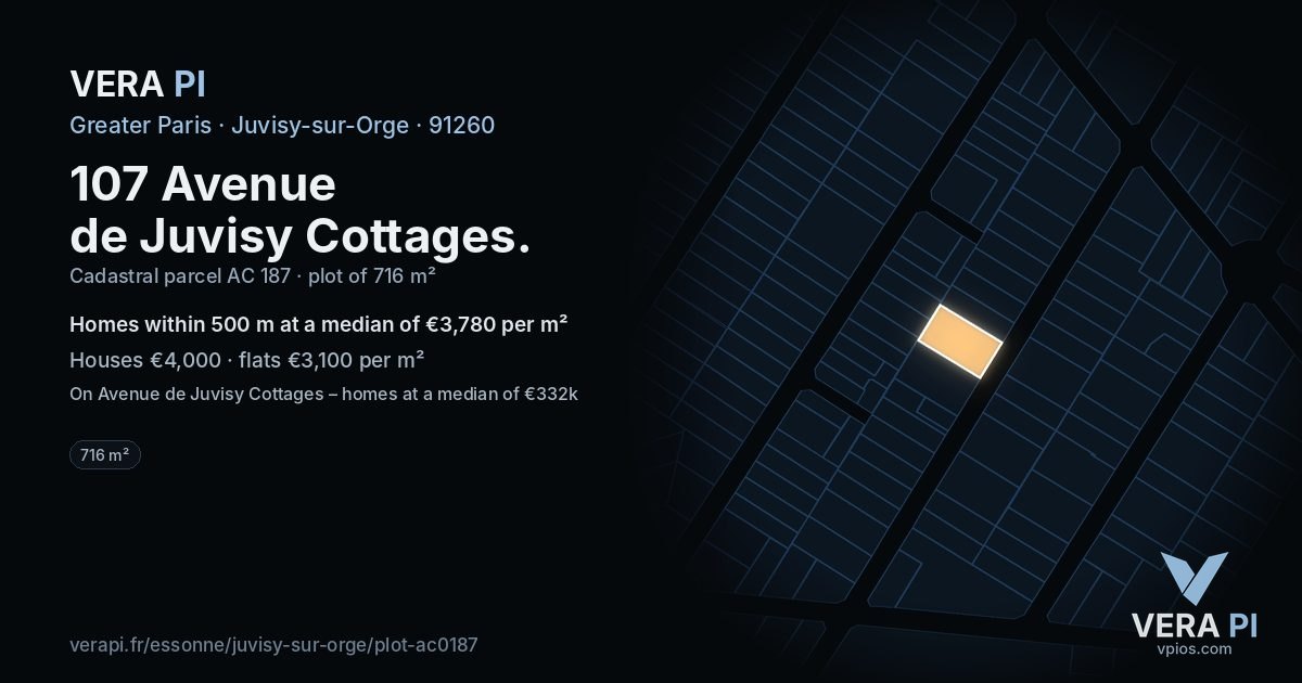 107 Avenue de Juvisy Cottages, Juvisy-sur-Orge at night – the plot lit, the parcels around coloured by the prices near them