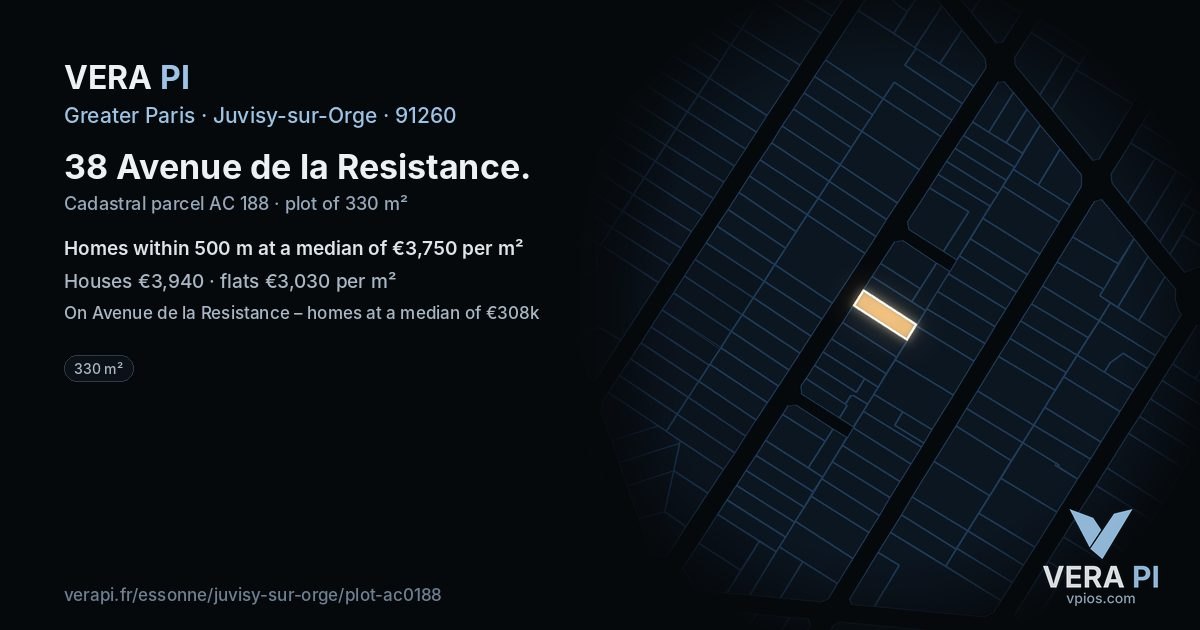 38 Avenue de la Resistance, Juvisy-sur-Orge at night – the plot lit, the parcels around coloured by the prices near them