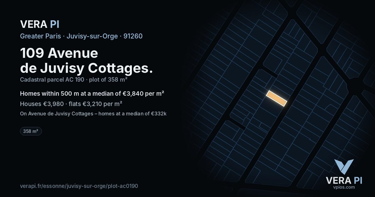 109 Avenue de Juvisy Cottages, Juvisy-sur-Orge at night – the plot lit, the parcels around coloured by the prices near them