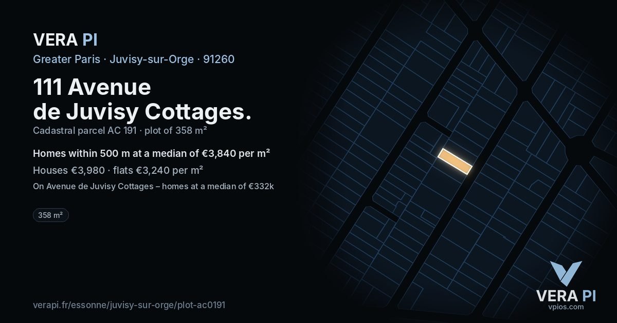 111 Avenue de Juvisy Cottages, Juvisy-sur-Orge at night – the plot lit, the parcels around coloured by the prices near them