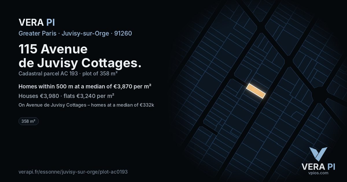 115 Avenue de Juvisy Cottages, Juvisy-sur-Orge at night – the plot lit, the parcels around coloured by the prices near them
