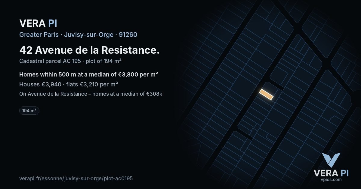 42 Avenue de la Resistance, Juvisy-sur-Orge at night – the plot lit, the parcels around coloured by the prices near them