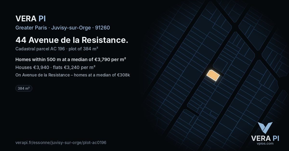 44 Avenue de la Resistance, Juvisy-sur-Orge at night – the plot lit, the parcels around coloured by the prices near them