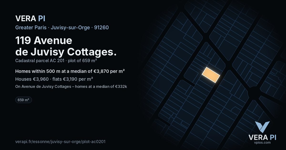 119 Avenue de Juvisy Cottages, Juvisy-sur-Orge at night – the plot lit, the parcels around coloured by the prices near them