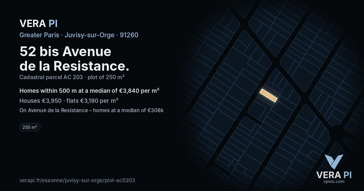 52 bis Avenue de la Resistance, Juvisy-sur-Orge at night – the plot lit, the parcels around coloured by the prices near them