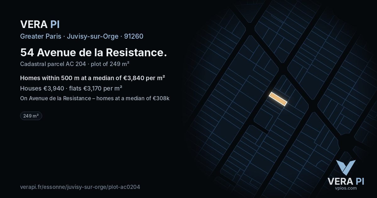 54 Avenue de la Resistance, Juvisy-sur-Orge at night – the plot lit, the parcels around coloured by the prices near them