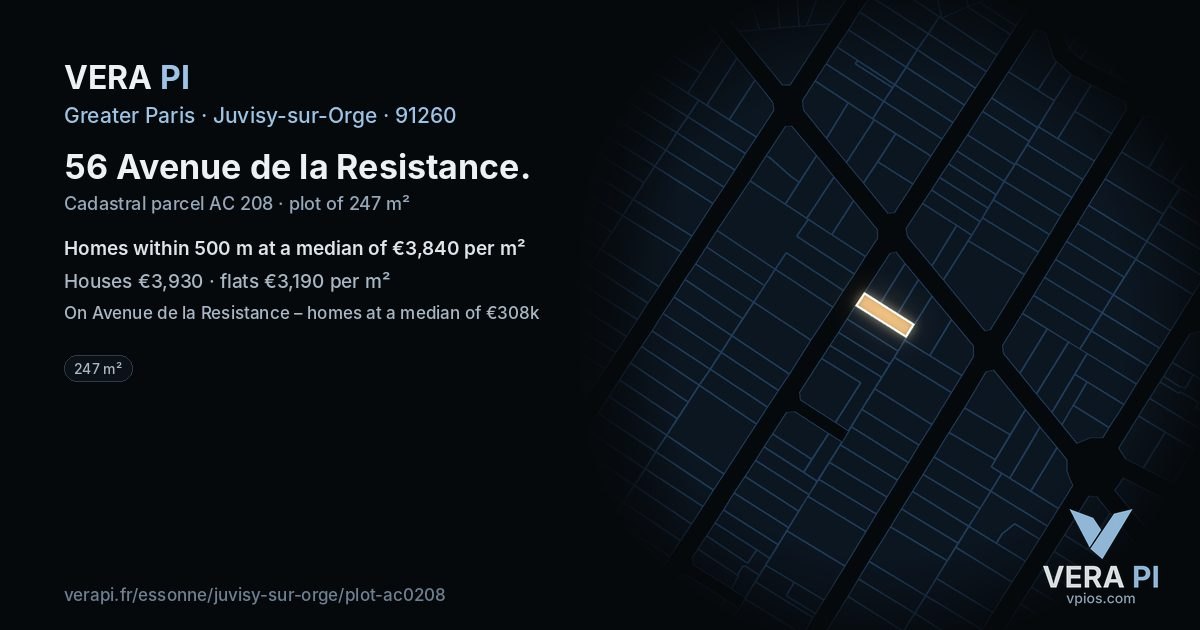 56 Avenue de la Resistance, Juvisy-sur-Orge at night – the plot lit, the parcels around coloured by the prices near them