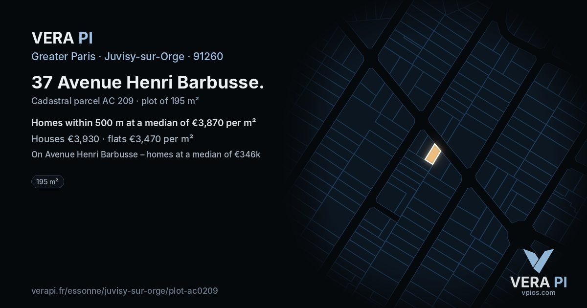37 Avenue Henri Barbusse, Juvisy-sur-Orge at night – the plot lit, the parcels around coloured by the prices near them