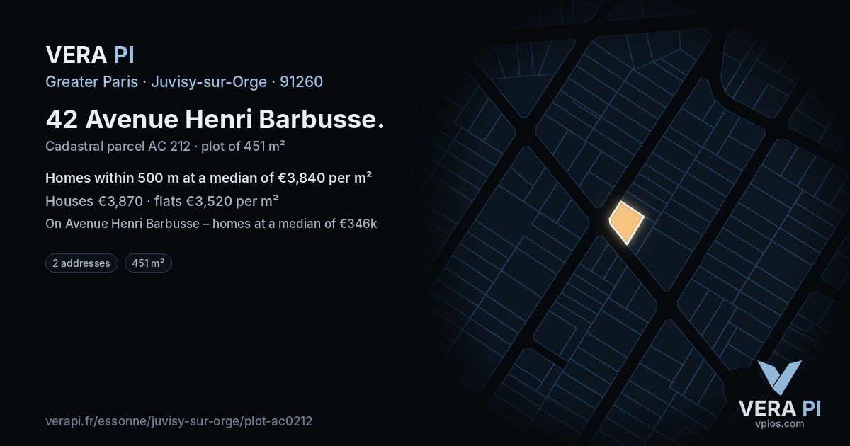 42 Avenue Henri Barbusse, Juvisy-sur-Orge at night – the plot lit, the parcels around coloured by the prices near them