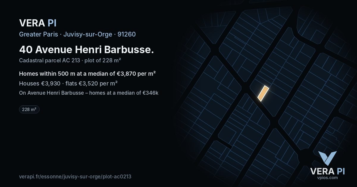 40 Avenue Henri Barbusse, Juvisy-sur-Orge at night – the plot lit, the parcels around coloured by the prices near them