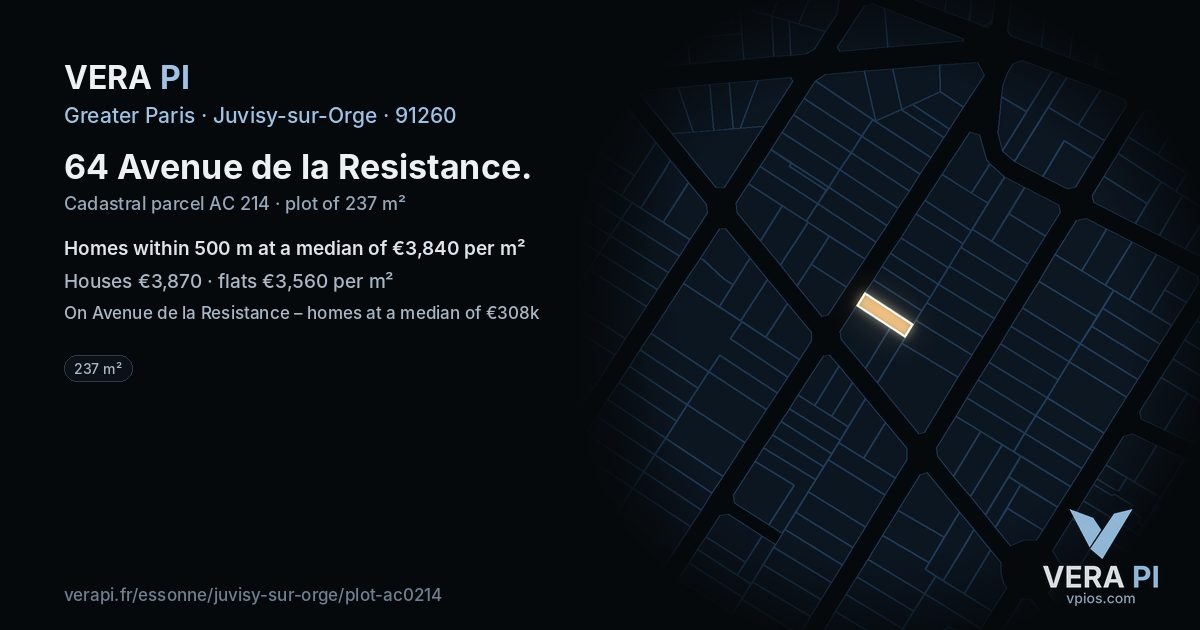 64 Avenue de la Resistance, Juvisy-sur-Orge at night – the plot lit, the parcels around coloured by the prices near them