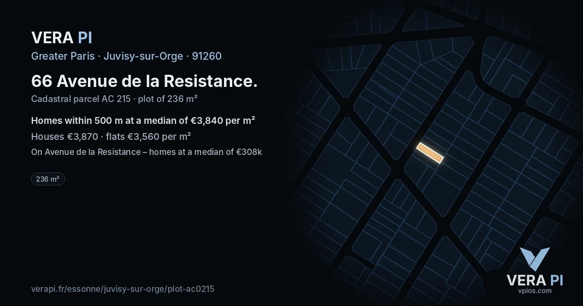 66 Avenue de la Resistance, Juvisy-sur-Orge at night – the plot lit, the parcels around coloured by the prices near them