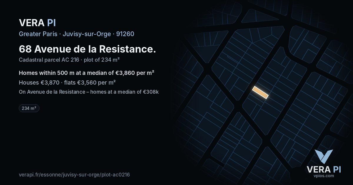 68 Avenue de la Resistance, Juvisy-sur-Orge at night – the plot lit, the parcels around coloured by the prices near them