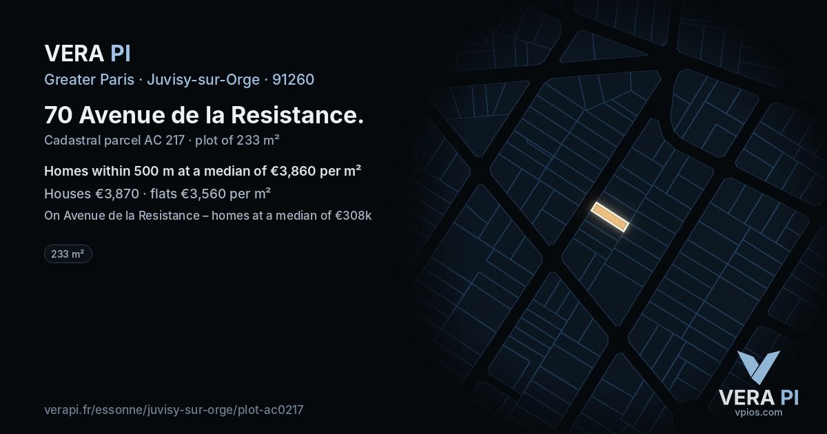 70 Avenue de la Resistance, Juvisy-sur-Orge at night – the plot lit, the parcels around coloured by the prices near them