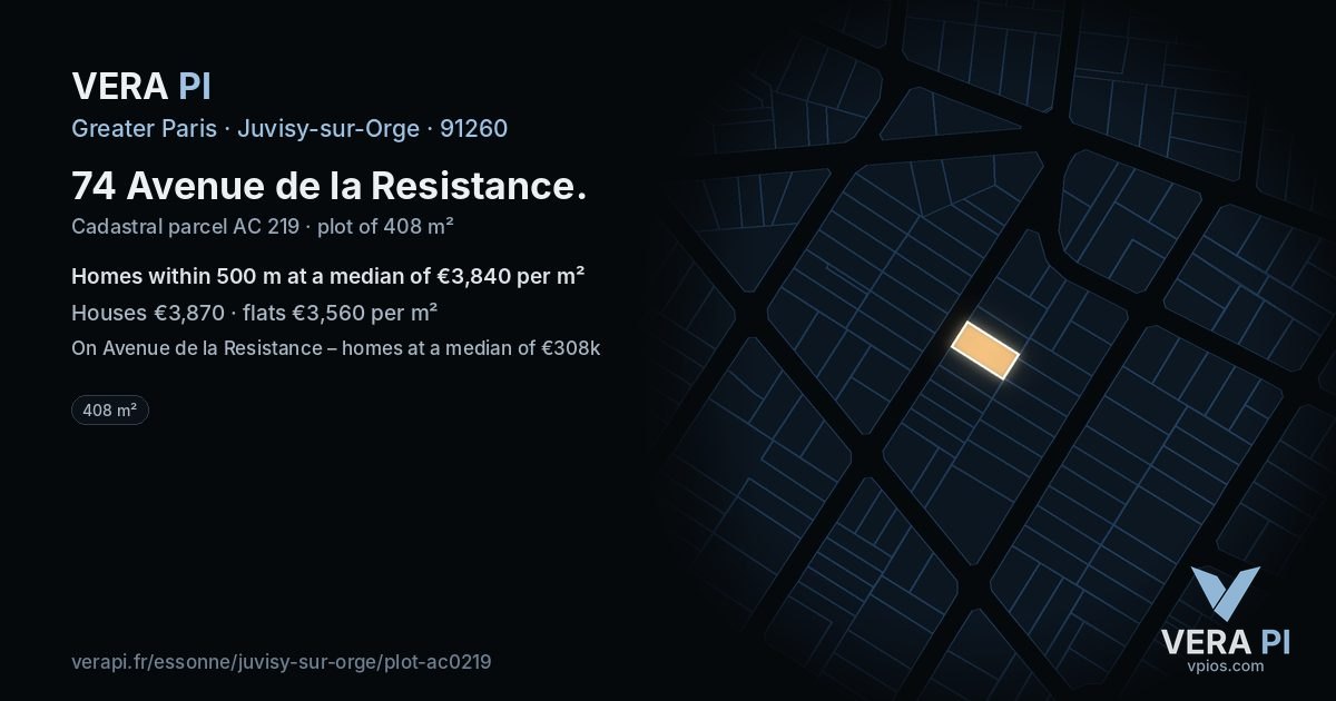 74 Avenue de la Resistance, Juvisy-sur-Orge at night – the plot lit, the parcels around coloured by the prices near them