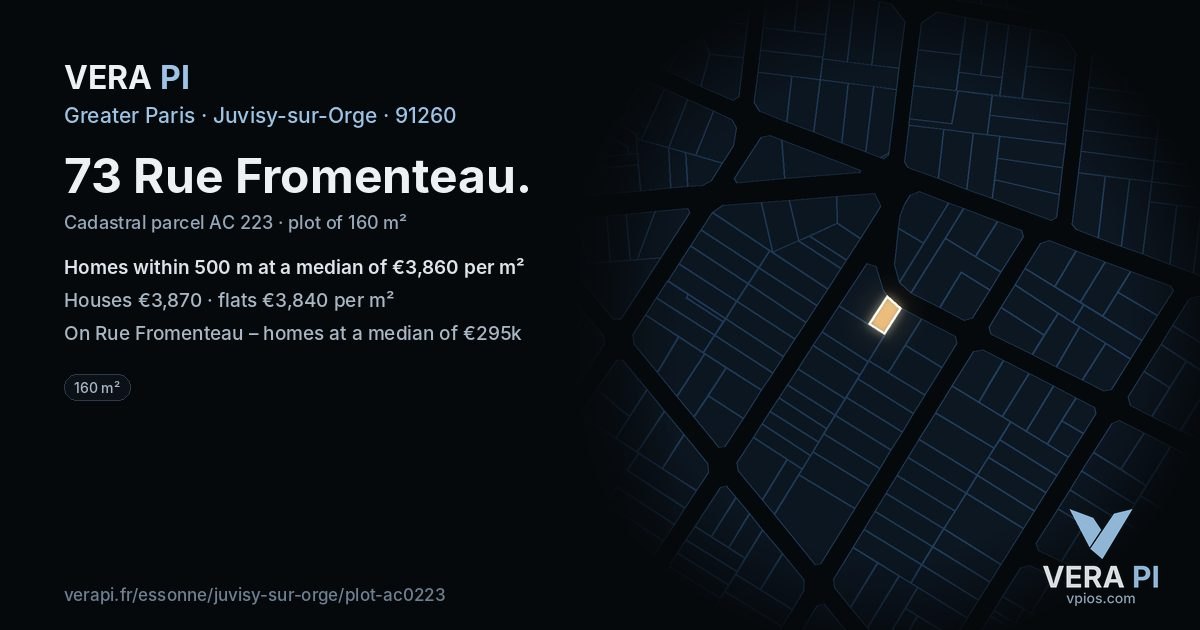 73 Rue Fromenteau, Juvisy-sur-Orge at night – the plot lit, the parcels around coloured by the prices near them