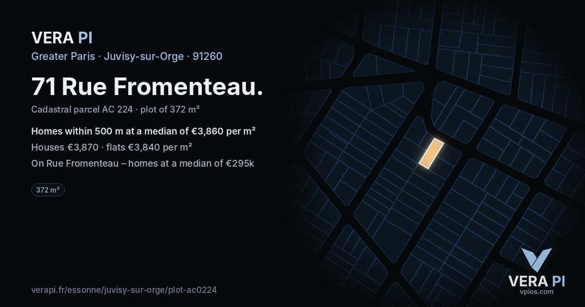 71 Rue Fromenteau, Juvisy-sur-Orge at night – the plot lit, the parcels around coloured by the prices near them