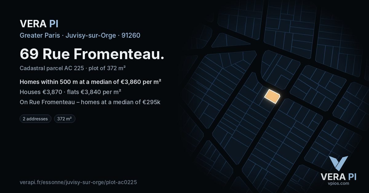 69 Rue Fromenteau, Juvisy-sur-Orge at night – the plot lit, the parcels around coloured by the prices near them